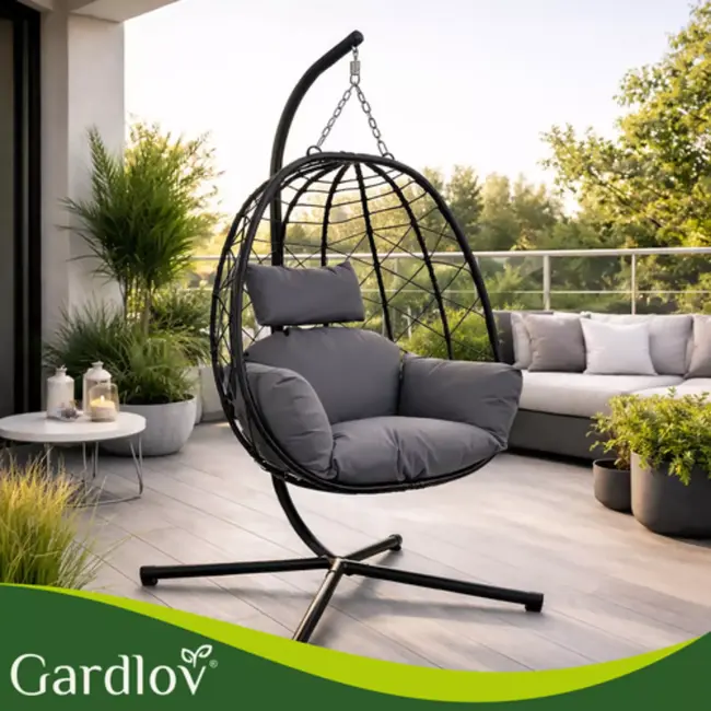 Gardlov Hangstoel cocoon met frame zwart en grijze kussens 194 cm draagkracht 150 kg voor tuin, terras of balkon