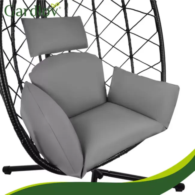 Gardlov Hangstoel cocoon met frame zwart en grijze kussens 194 cm draagkracht 150 kg voor tuin, terras of balkon