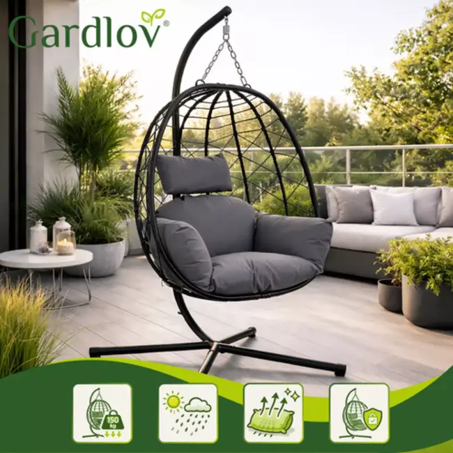 Gardlov Hangstoel cocoon met frame zwart en grijze kussens 194 cm draagkracht 150 kg voor tuin, terras of balkon
