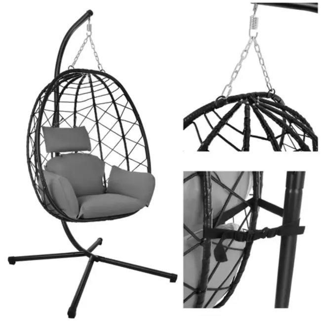 Gardlov Hangstoel cocoon met frame zwart en grijze kussens 194 cm draagkracht 150 kg voor tuin, terras of balkon