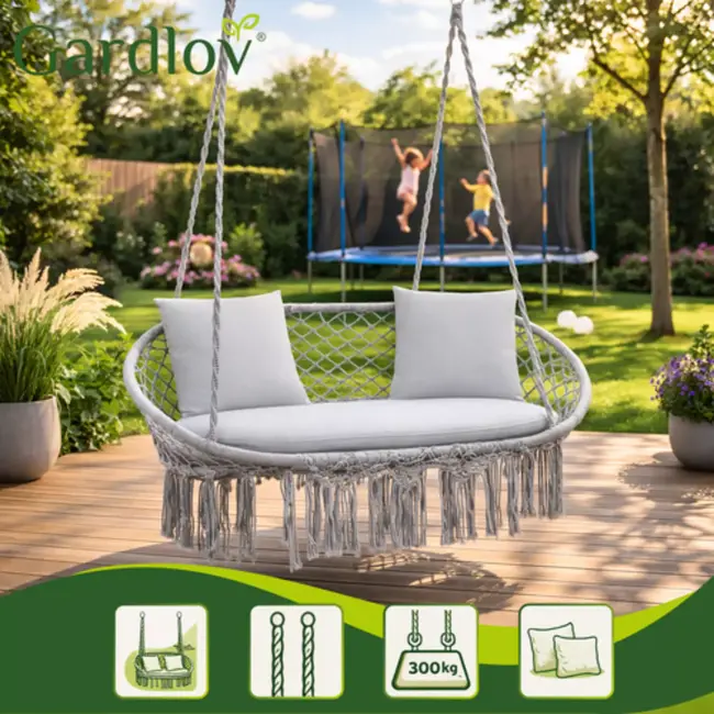Gardlov Dubbele stork nest hangschommel grijs 148 x 126 cm met kussens draagkracht 300 kg voor tuin terras of balkon