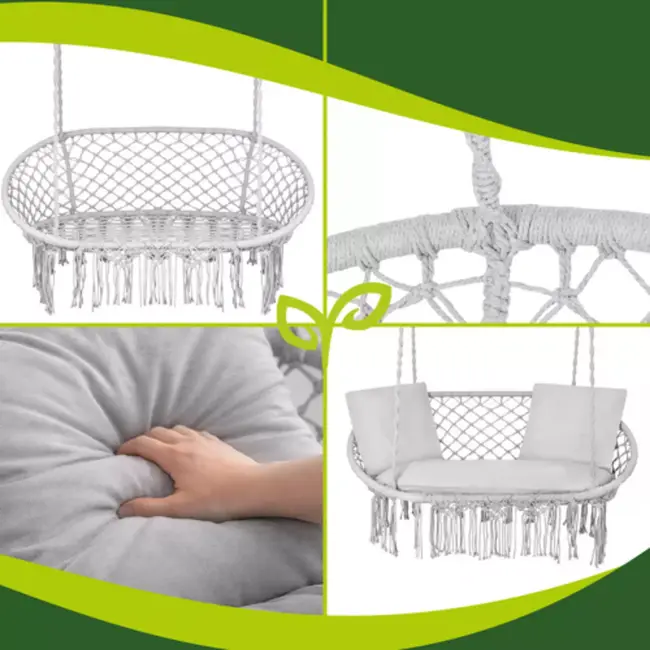 Gardlov Dubbele stork nest hangschommel grijs 148 x 126 cm met kussens draagkracht 300 kg voor tuin terras of balkon