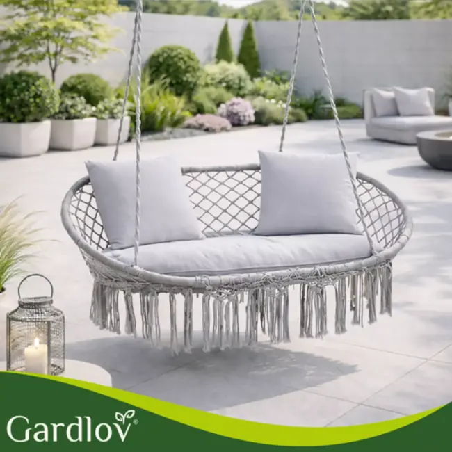 Gardlov Dubbele stork nest hangschommel grijs 148 x 126 cm met kussens draagkracht 300 kg voor tuin terras of balkon