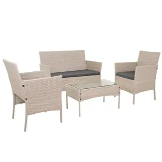 Gardlov Beige rattan tuinmeubelset met bank 2 stoelen en tafel met glasplaat en grijze kussens