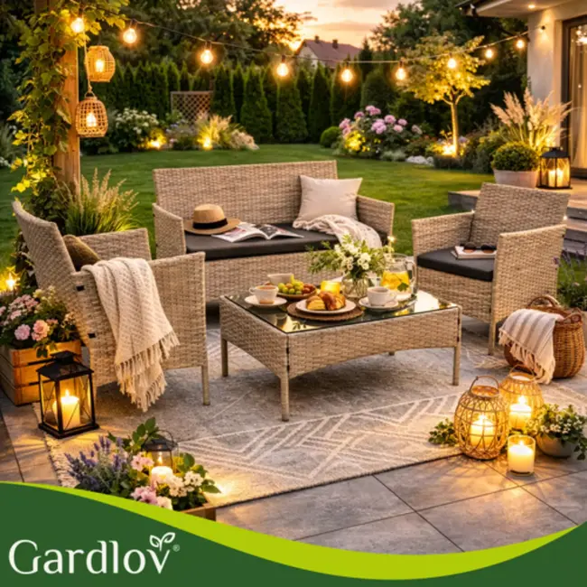 Gardlov Beige rattan tuinmeubelset met bank 2 stoelen en tafel met glasplaat en grijze kussens