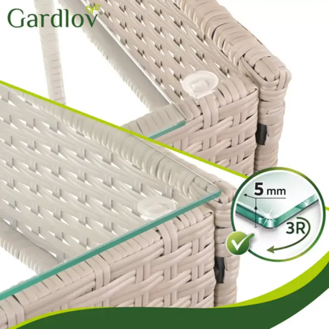 Gardlov Beige rattan tuinmeubelset met bank 2 stoelen en tafel met glasplaat en grijze kussens