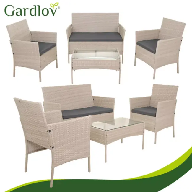 Gardlov Beige rattan tuinmeubelset met bank 2 stoelen en tafel met glasplaat en grijze kussens