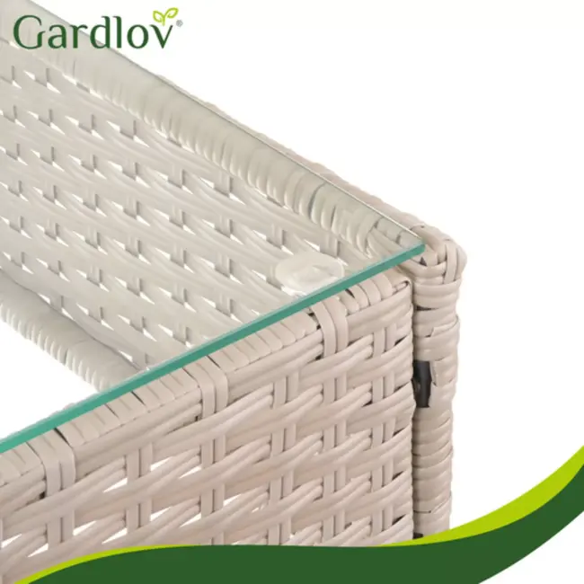 Gardlov Beige rattan tuinmeubelset met bank 2 stoelen en tafel met glasplaat en grijze kussens