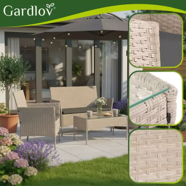 Gardlov Beige rattan tuinmeubelset met bank 2 stoelen en tafel met glasplaat en grijze kussens