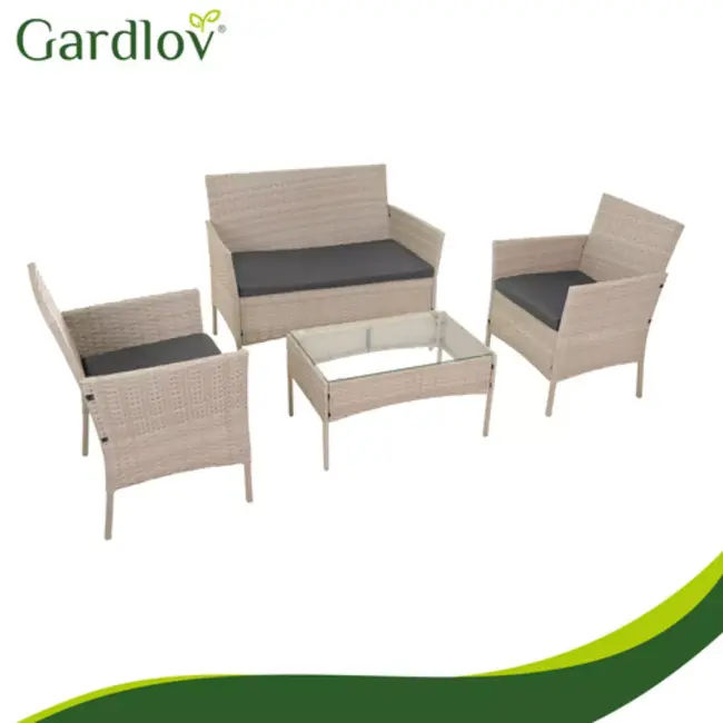 Gardlov Beige rattan tuinmeubelset met bank 2 stoelen en tafel met glasplaat en grijze kussens