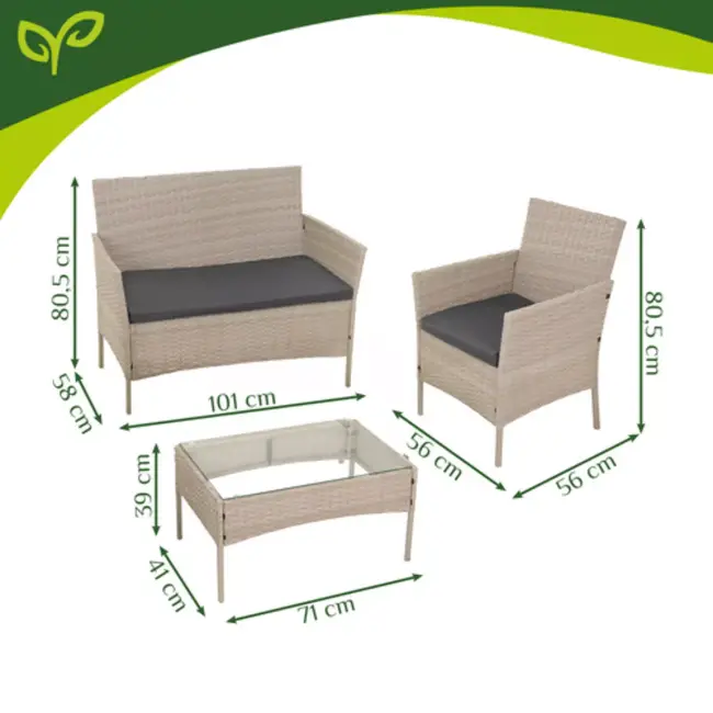 Gardlov Beige rattan tuinmeubelset met bank 2 stoelen en tafel met glasplaat en grijze kussens