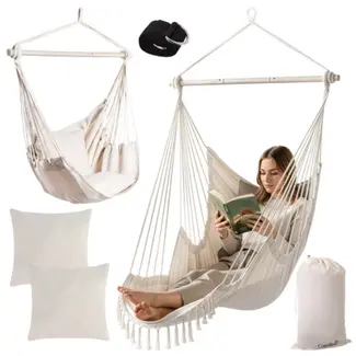 Gardlov Grote Braziliaanse hangstoel beige 220 cm met voetsteun en kussens draagkracht 150 kg voor tuin balkon of terras