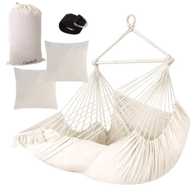 Gardlov Grote Braziliaanse hangstoel beige 220 cm met voetsteun en kussens draagkracht 150 kg voor tuin balkon of terras