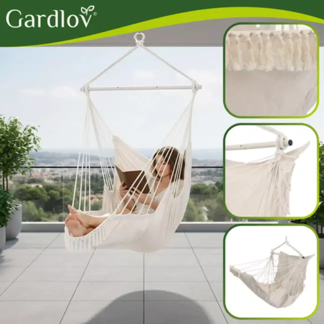 Gardlov Grote Braziliaanse hangstoel beige 220 cm met voetsteun en kussens draagkracht 150 kg voor tuin balkon of terras