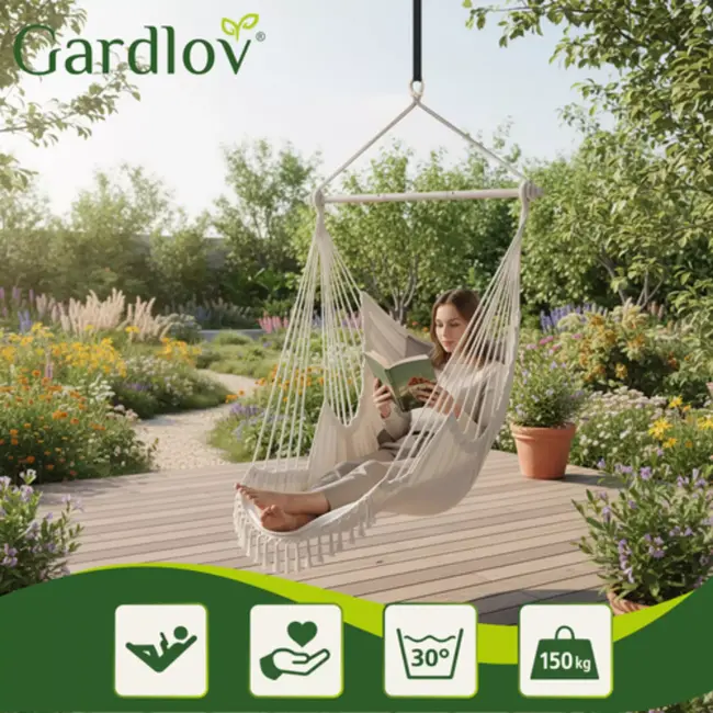Gardlov Grote Braziliaanse hangstoel beige 220 cm met voetsteun en kussens draagkracht 150 kg voor tuin balkon of terras
