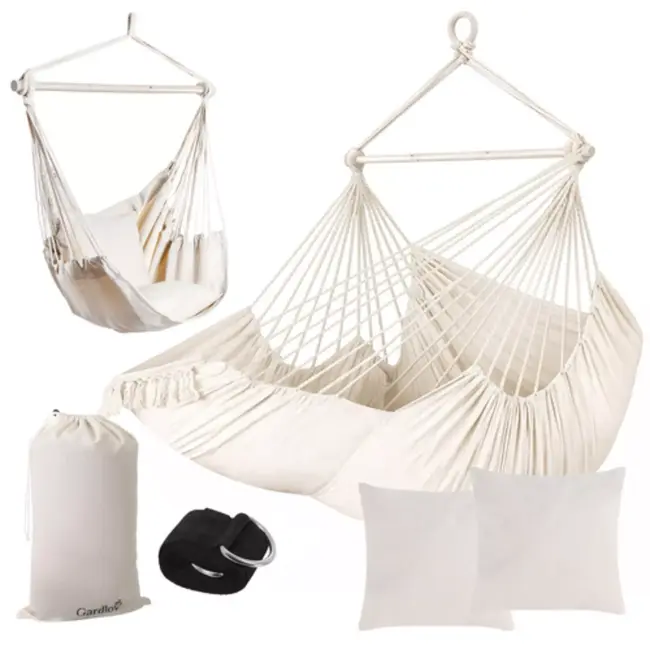 Gardlov Grote Braziliaanse hangstoel beige 220 cm met voetsteun en kussens draagkracht 150 kg voor tuin balkon of terras