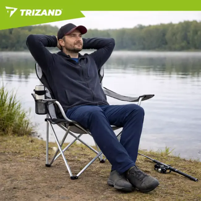 Trizand visstoel grijs zwart opvouwbaar met armleuningen en bekerhouder draagkracht 120 kg