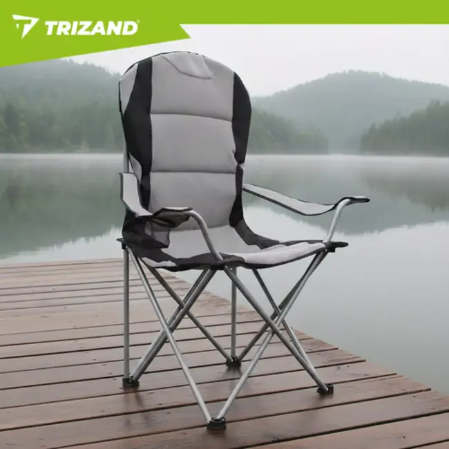 Trizand visstoel grijs zwart opvouwbaar met armleuningen en bekerhouder draagkracht 120 kg