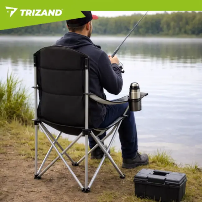 Trizand visstoel grijs zwart opvouwbaar met armleuningen en bekerhouder draagkracht 120 kg