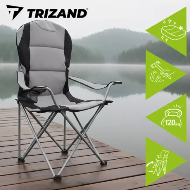 Trizand visstoel grijs zwart opvouwbaar met armleuningen en bekerhouder draagkracht 120 kg