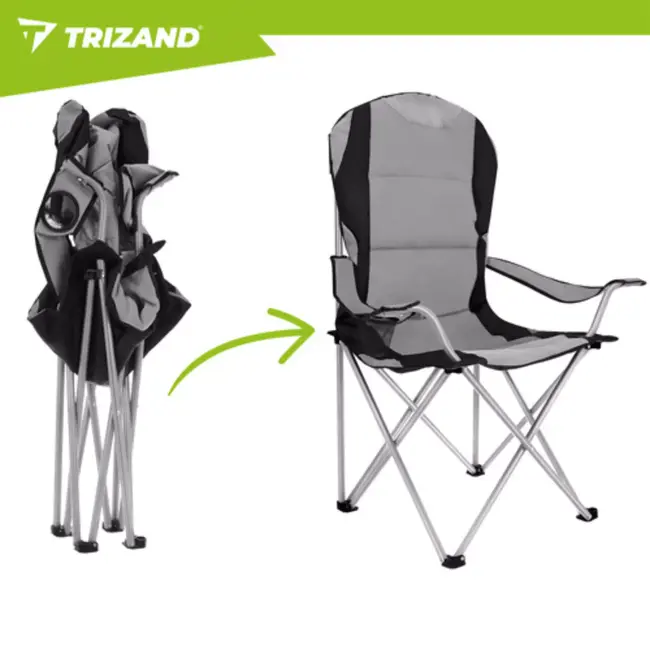 Trizand visstoel grijs zwart opvouwbaar met armleuningen en bekerhouder draagkracht 120 kg