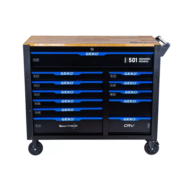 GEKO Complete gereedschapswagen met 12 laden, rubberhouten werkblad en 501 gereedschappen voor werkplaats en garage