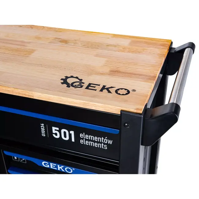 GEKO Complete gereedschapswagen met 12 laden, rubberhouten werkblad en 501 gereedschappen voor werkplaats en garage