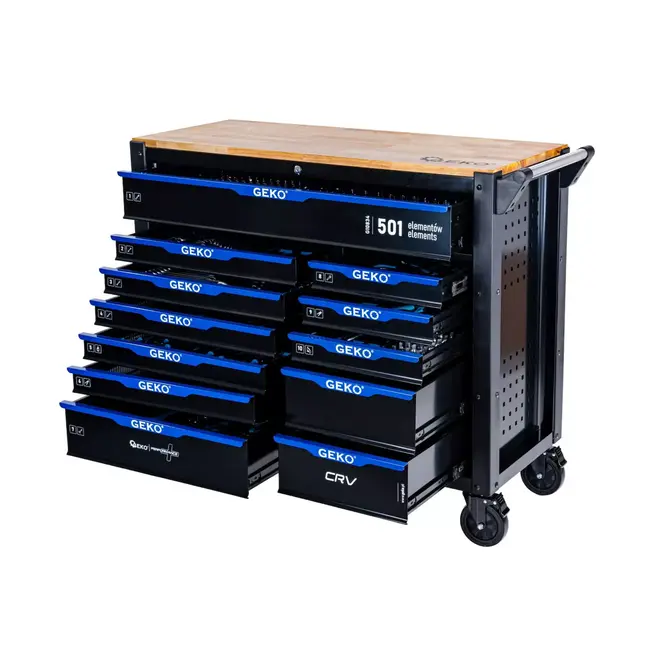 GEKO Complete gereedschapswagen met 12 laden, rubberhouten werkblad en 501 gereedschappen voor werkplaats en garage