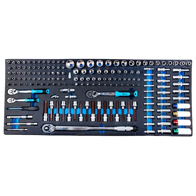 GEKO Complete gereedschapswagen met 12 laden, rubberhouten werkblad en 501 gereedschappen voor werkplaats en garage