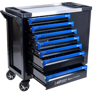 GEKO Verrijdbare gereedschapswagen met 7 laden, grote zijkast en roestvrijstalen werkblad voor garage en werkplaats