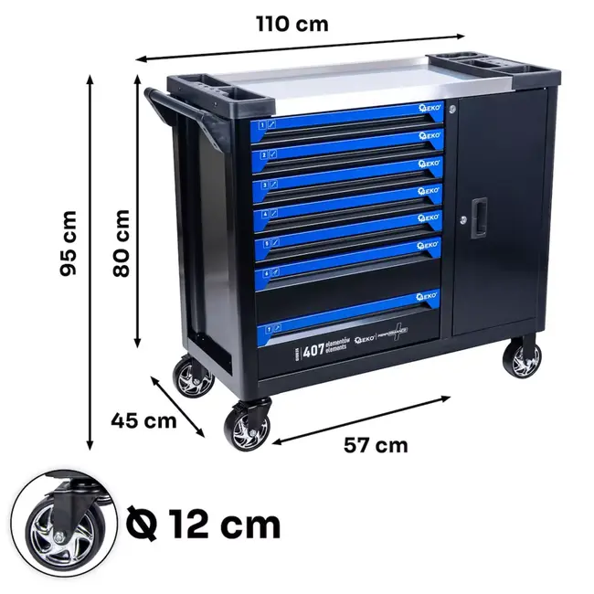 GEKO Verrijdbare gereedschapswagen met 7 laden, grote zijkast en roestvrijstalen werkblad voor garage en werkplaats