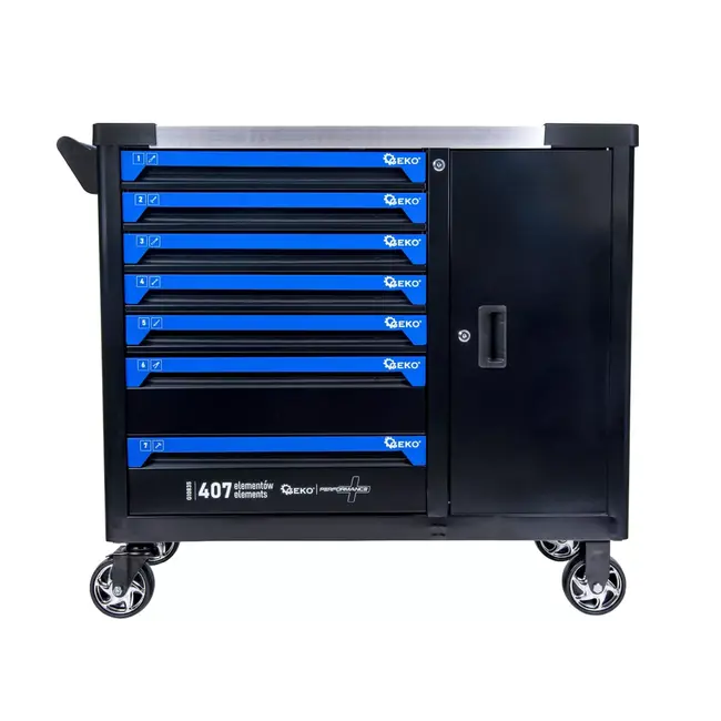 GEKO Verrijdbare gereedschapswagen met 7 laden, grote zijkast en roestvrijstalen werkblad voor garage en werkplaats