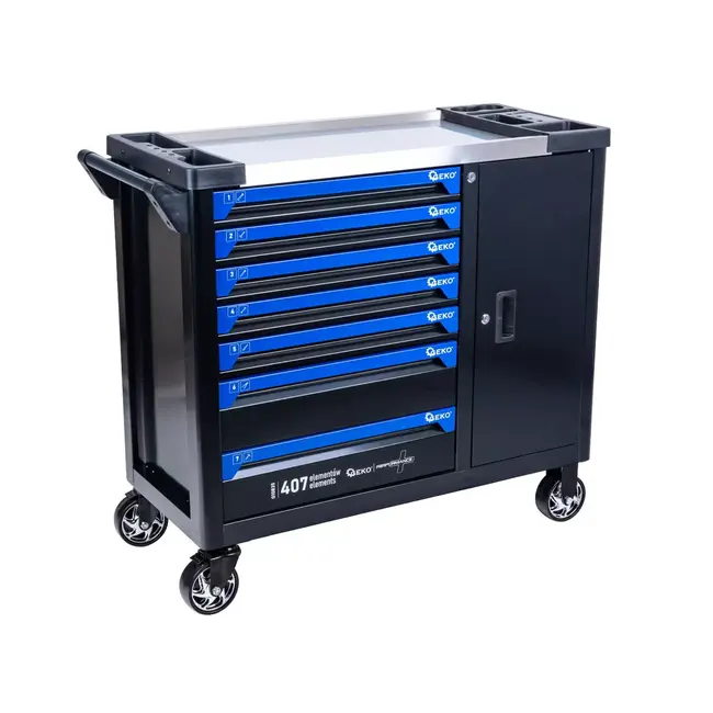 GEKO Verrijdbare gereedschapswagen met 7 laden, grote zijkast en roestvrijstalen werkblad voor garage en werkplaats