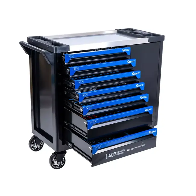 GEKO Verrijdbare gereedschapswagen met 7 laden, grote zijkast en roestvrijstalen werkblad voor garage en werkplaats