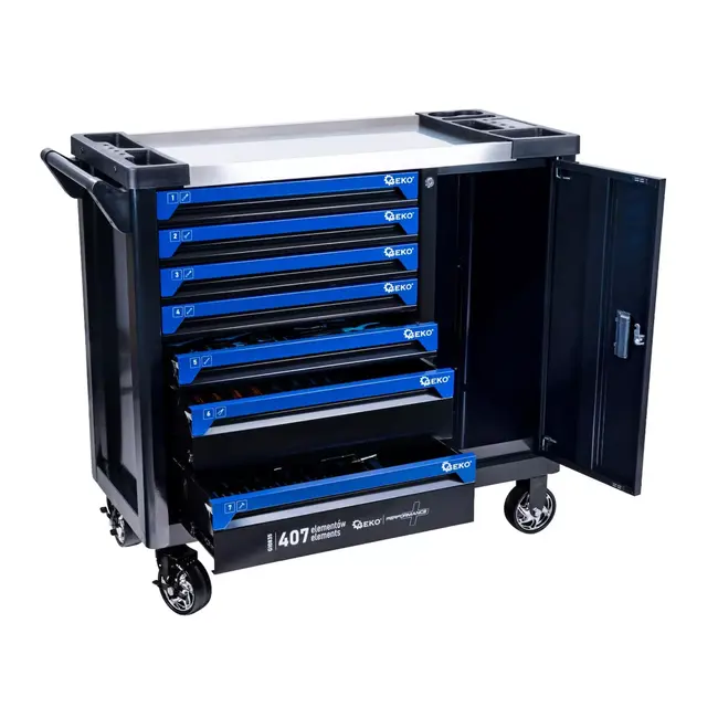 GEKO Verrijdbare gereedschapswagen met 7 laden, grote zijkast en roestvrijstalen werkblad voor garage en werkplaats