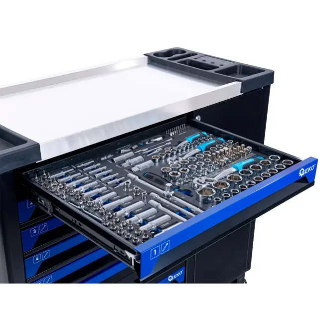 GEKO Verrijdbare gereedschapswagen met 7 laden, grote zijkast en roestvrijstalen werkblad voor garage en werkplaats