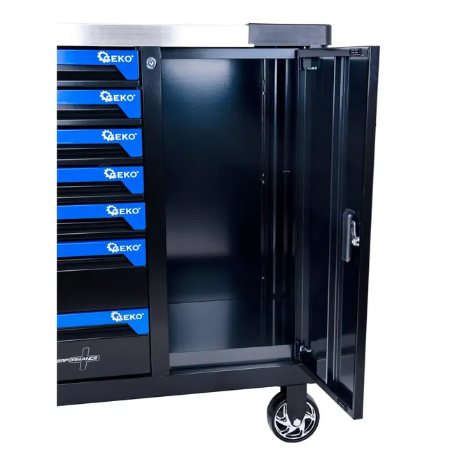 GEKO Verrijdbare gereedschapswagen met 7 laden, grote zijkast en roestvrijstalen werkblad voor garage en werkplaats