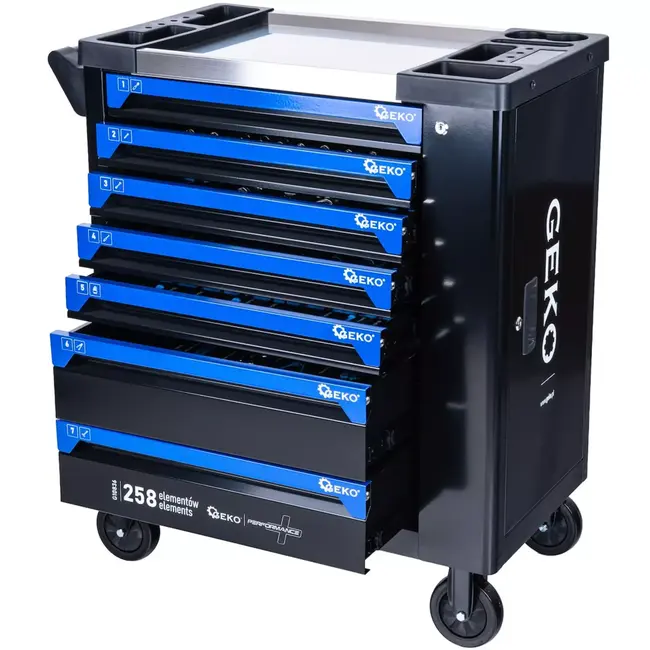 GEKO Verrijdbare gereedschapswagen met 7 laden, 258 gereedschappen en roestvrijstalen werkblad voor garage en werkplaats