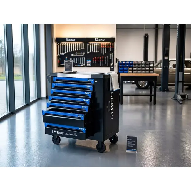 GEKO Verrijdbare gereedschapswagen met 7 laden, 258 gereedschappen en roestvrijstalen werkblad voor garage en werkplaats