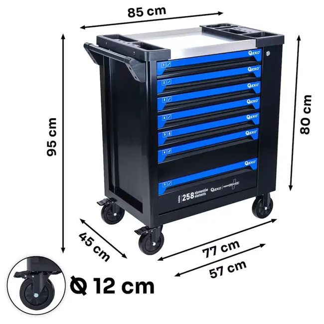 GEKO Verrijdbare gereedschapswagen met 7 laden, 258 gereedschappen en roestvrijstalen werkblad voor garage en werkplaats