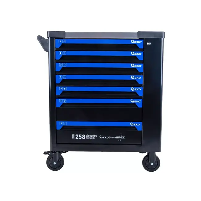 GEKO Verrijdbare gereedschapswagen met 7 laden, 258 gereedschappen en roestvrijstalen werkblad voor garage en werkplaats