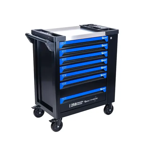 GEKO Verrijdbare gereedschapswagen met 7 laden, 258 gereedschappen en roestvrijstalen werkblad voor garage en werkplaats