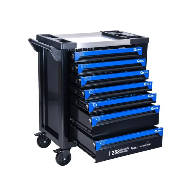 GEKO Verrijdbare gereedschapswagen met 7 laden, 258 gereedschappen en roestvrijstalen werkblad voor garage en werkplaats