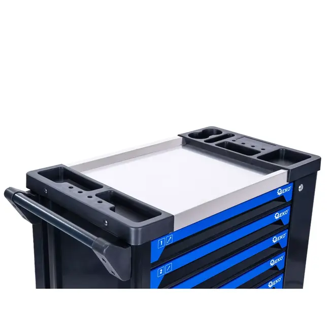 GEKO Verrijdbare gereedschapswagen met 7 laden, 258 gereedschappen en roestvrijstalen werkblad voor garage en werkplaats