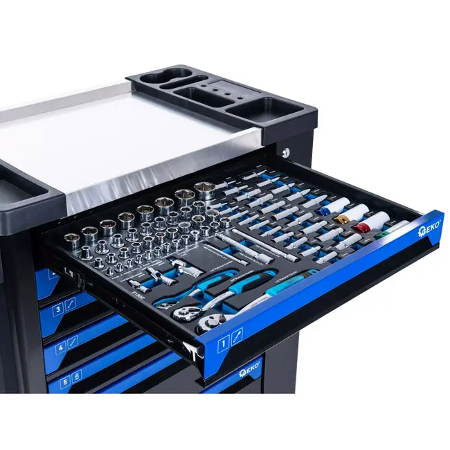 GEKO Verrijdbare gereedschapswagen met 7 laden, 258 gereedschappen en roestvrijstalen werkblad voor garage en werkplaats