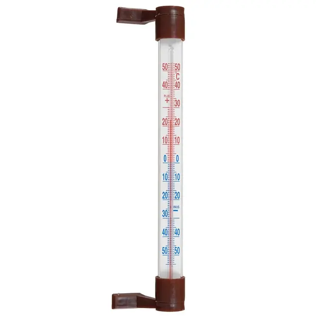 Keltin Bruine buitenthermometer voor raamkozijn met meetbereik van -50 °C tot +50 °C en slank ontwerp