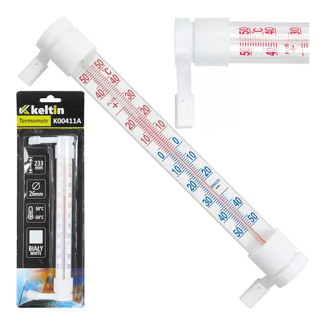 Keltin Witte buitenthermometer, 233 x 24 mm voor raamkozijn met meetbereik van -50 °C tot +50 °C