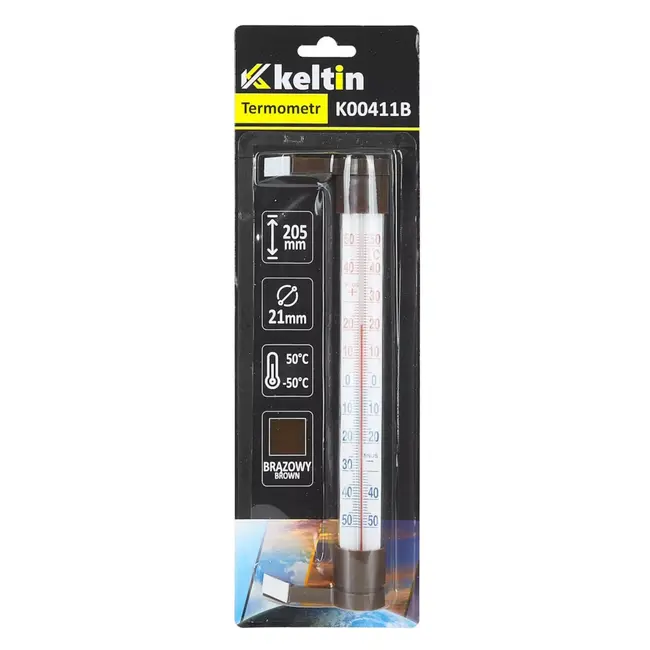 Keltin Bruine buitenthermometer, 233 x 24 mm voor raamkozijn met meetbereik van -50 °C tot +50 °C