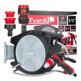 Tvardy Wandhaspel met 25 m tuinslang, automatische oprolfunctie en instelbare tuinspuit voor tuin en terras