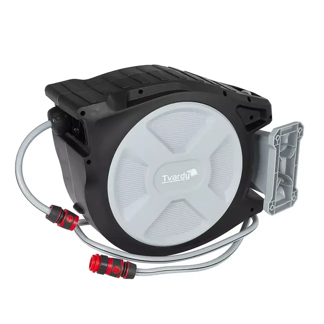 Tvardy Wandhaspel met 25 m tuinslang, automatische oprolfunctie en instelbare tuinspuit voor tuin en terras